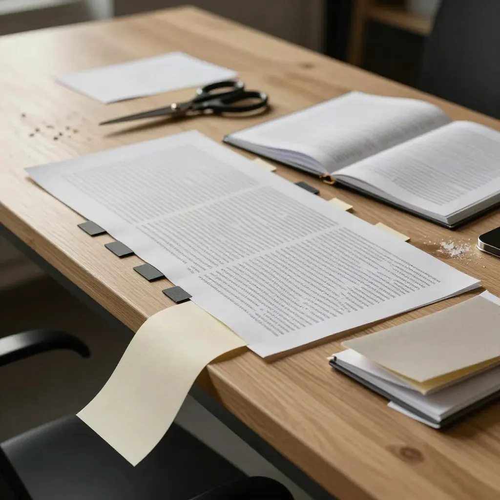 Tavolo editoriale con strisce di pagine, post-it e forbici in un gesto di revisione.