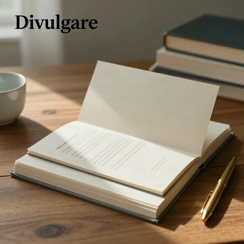 Fogli di prova crema, appunti editoriali e penna in ottone su tavolo in legno caldo.