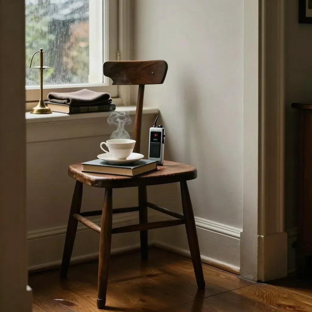 Tazza di porcellana, registratore e libri in un angolo studio con luce di pioggia.