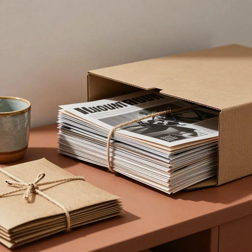 Pacco di newsletter legate con spago su banco in terracotta, tazza in ceramica e scatola postale.
