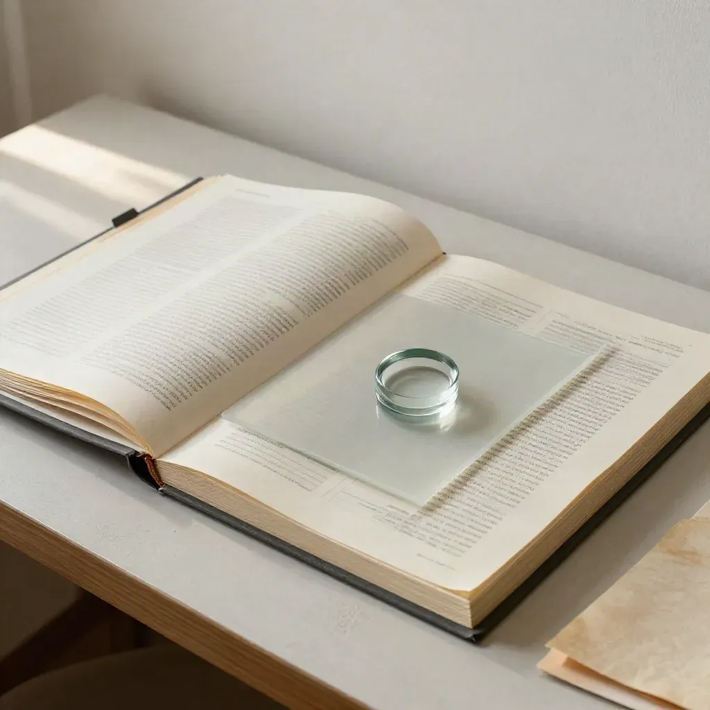 Fogli di ricerca, quaderno dati e fermacarte in luce mattutina su scrivania chiara