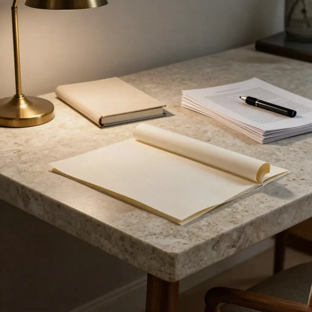 Tavolo editoriale al tramonto con fogli di ricerca, quaderno chiuso e lampada spenta.