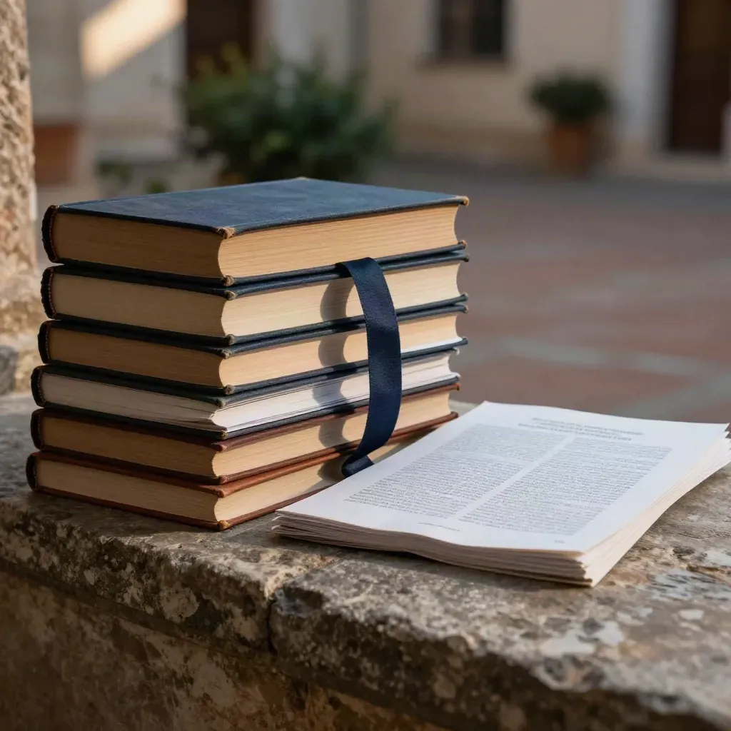 Pila di libri e fogli di ricerca su un davanzale di pietra, luce serale e aria tranquilla.