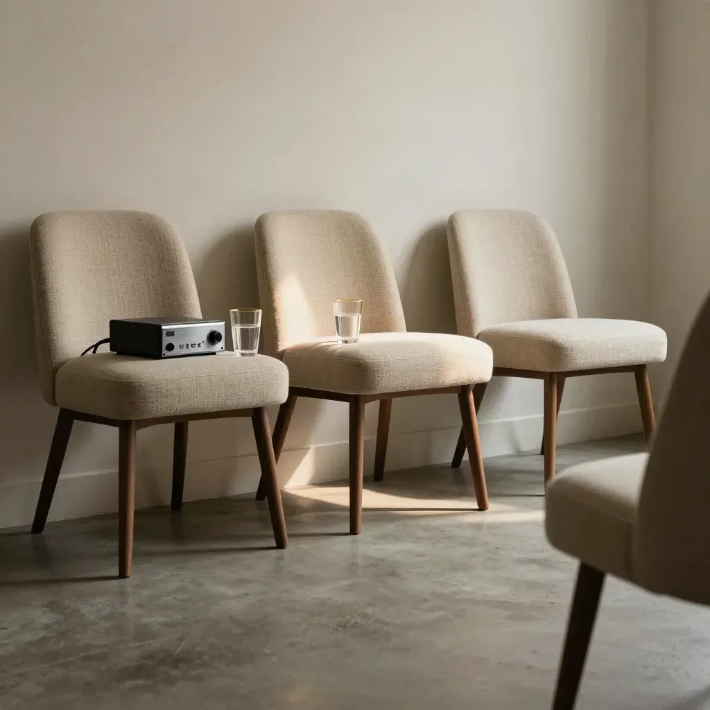 Sala interviste vuota con sedie, registratore e bicchieri, luce drammatica calda.