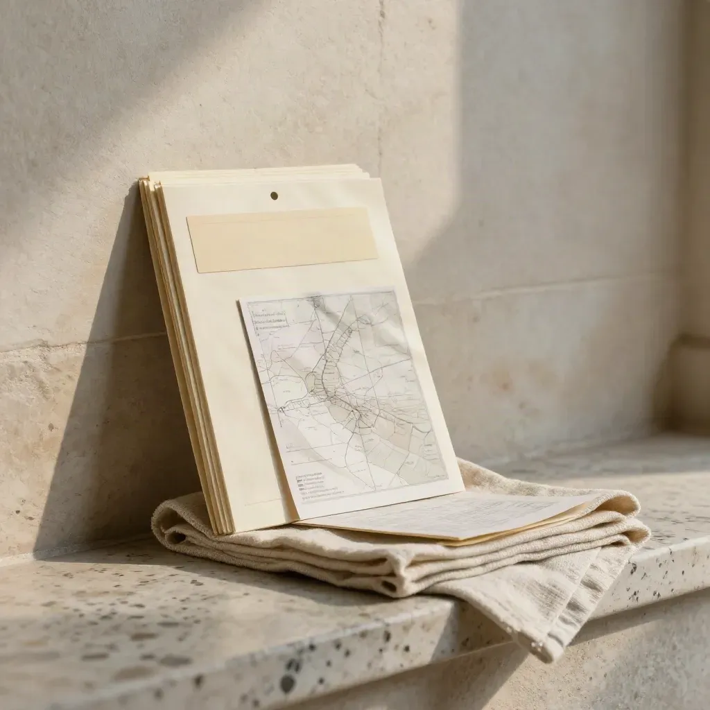 Kit didattico per scuole e musei con etichette bianche, opuscolo piegato e lino su pietra.
