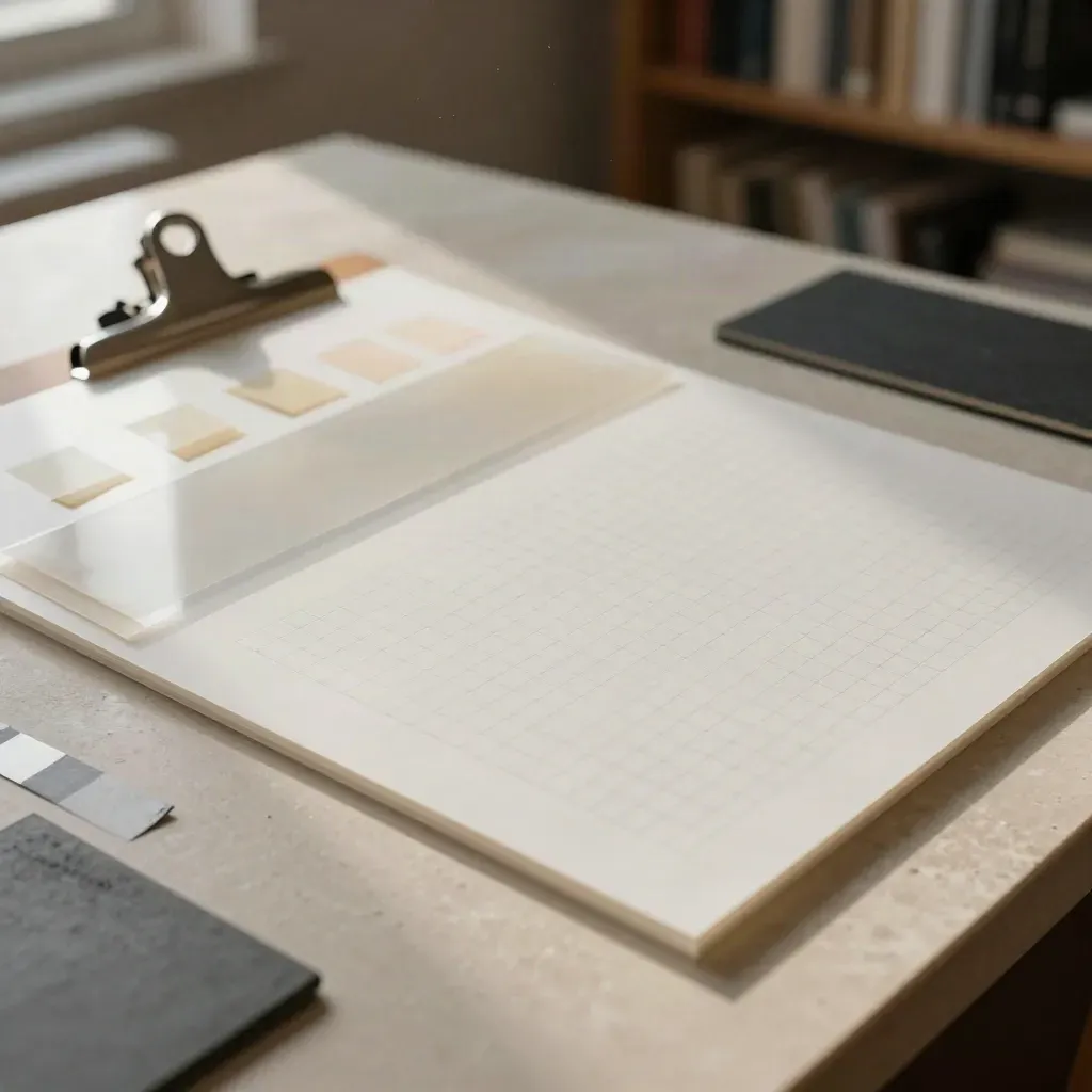 Scrivania editoriale con acetati, fogli a griglia e appunti, luce naturale morbida.