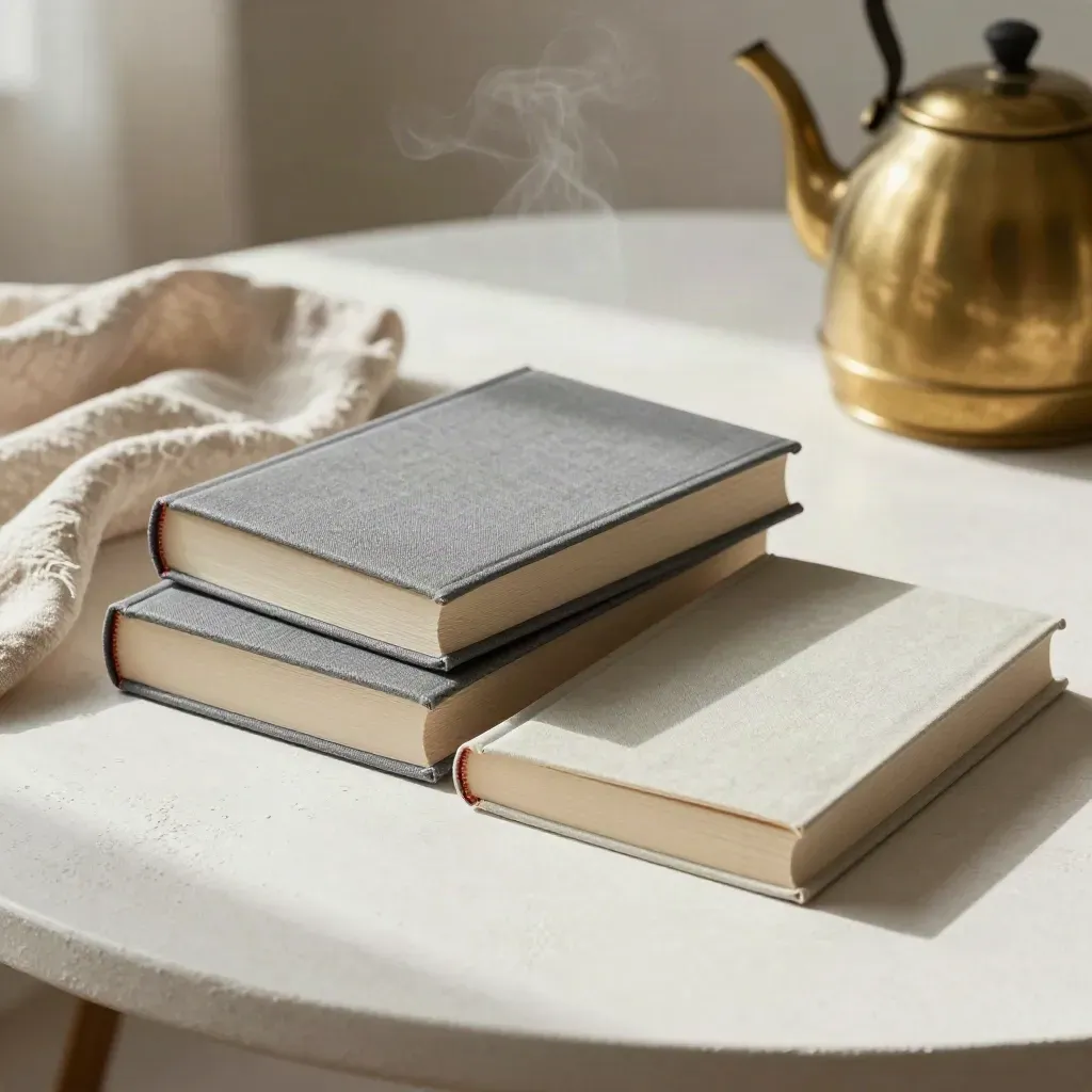Tre libri sottili, lino piegato e vapore da un bollitore su tavolo in gesso.