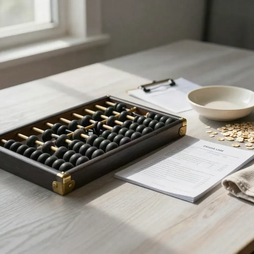 Abaco con schede e piattino ceramico su legno chiaro, luce morbida e taglio editoriale.
